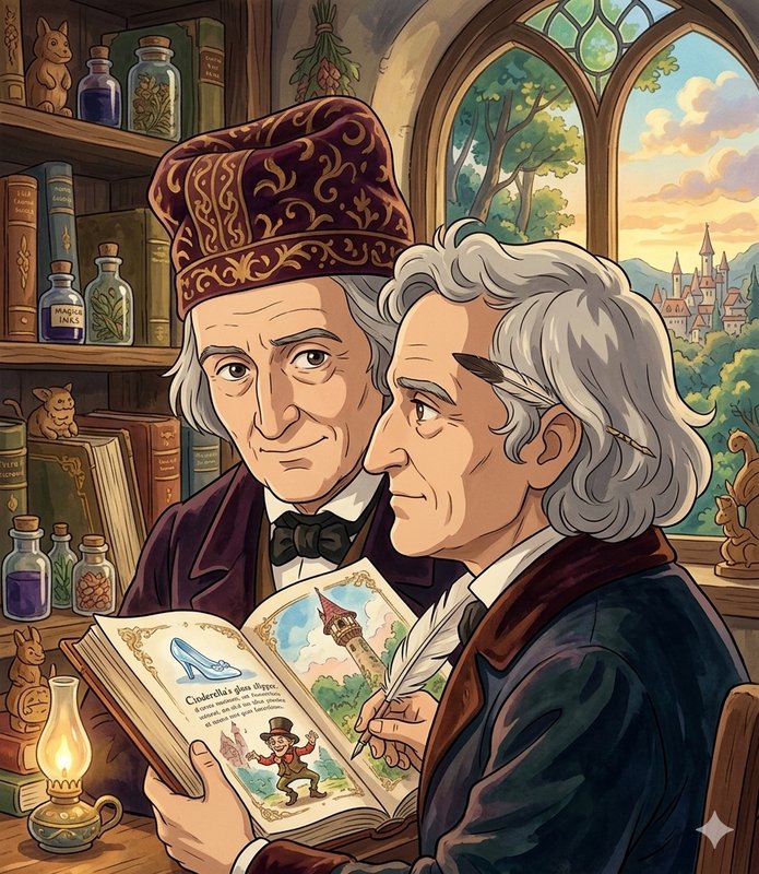 Two elderly men in vintage attire reading a colorful illustrated book in a cozy, old-world booksh...