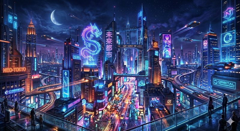 Neon-lit futuristic cityscape at night with flying cars and towering skyscrapers.