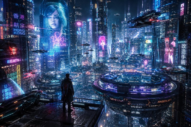 Silhouetted figure overlooks a neon-lit cyberpunk city with flying cars and massive holographic billboards.