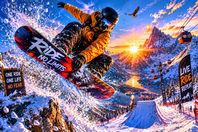 Snowboarder in an orange jacket performing a jump off a snowy ramp at sunset with mountains and a...