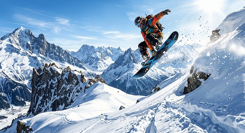 Snowboarder mid-air jump on a snowy alpine ridge with jagged mountain peaks in the background.