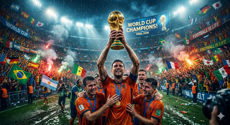 Soccer team in orange celebrates lifting the World Cup trophy in a packed stadium.