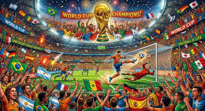 World Cup champions celebration in a packed stadium with a golden trophy and flags.