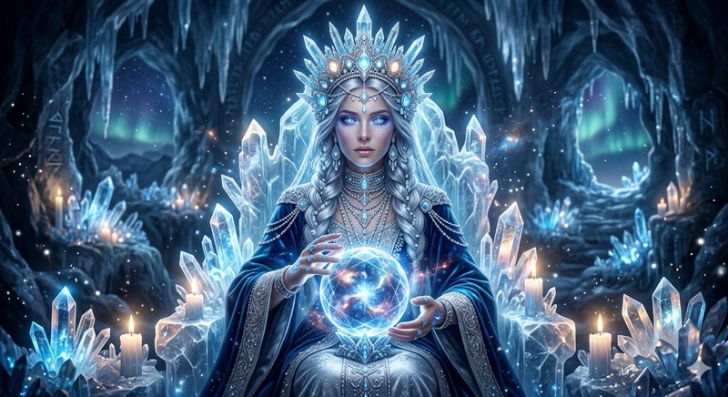 Ice queen seated on a crystal throne, holding a glowing orb amid an icy cavern.