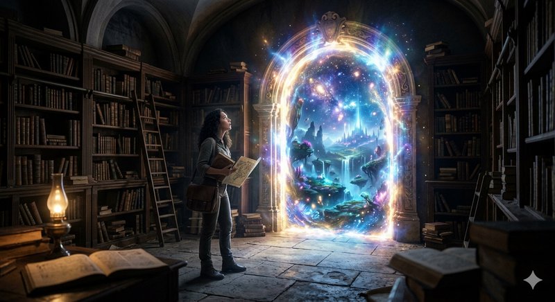 Woman holding an old map in a vintage library stares at a glowing magical portal revealing a floa...