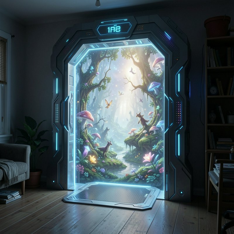 Cybernetic sci-fi portal in a residential bedroom opens to a glowing magical fantasy forest with ...