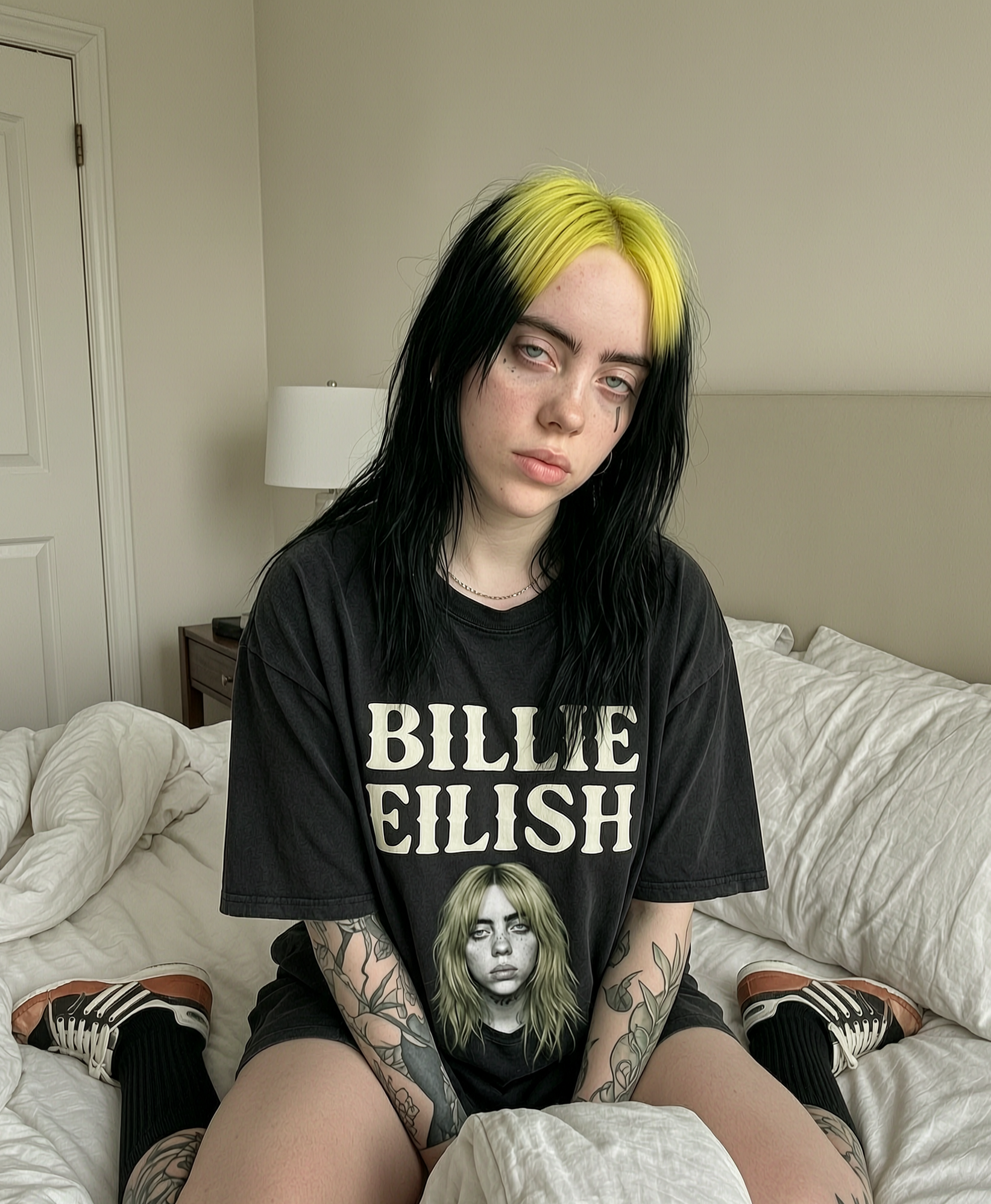Billie Eilish with signature two-tone yellow and black hair sits casually on a rumpled bedroom bed wearing a graphic brand...
