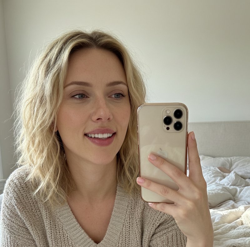 Casual mirror selfie of blonde woman in a beige knit sweater holding a gold iPhone in a sunlit be...