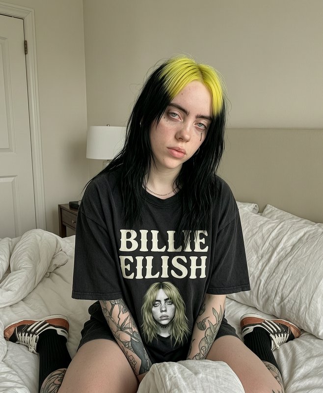 Billie Eilish with signature two-tone yellow and black hair sits casually on a rumpled bedroom be...