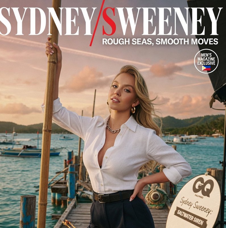 GQ Philippines exclusive magazine cover showing Sydney Sweeney posing on a wooden seaside pier at...