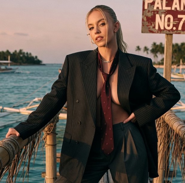 Sydney Sweeney poses in an oversized pinstripe suit on a tropical wooden ocean dock at soft pink ...