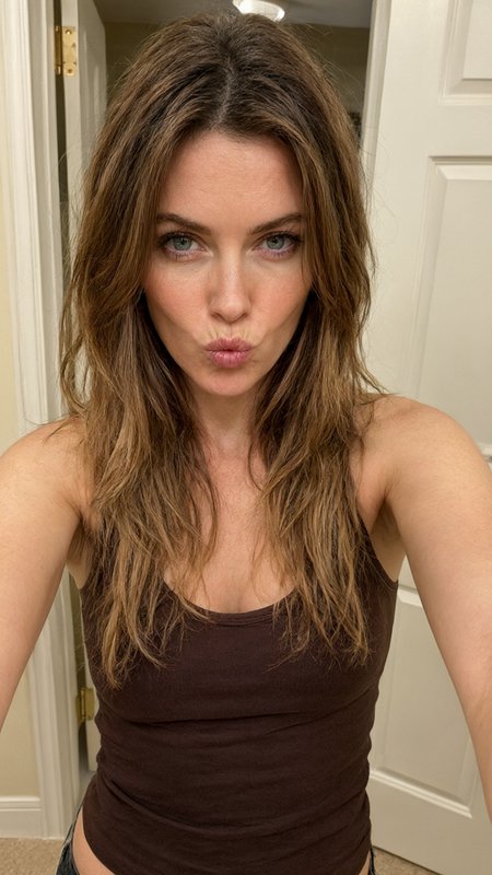 Casual selfie of a woman with long wavy highlighted brown hair blowing a kiss, wearing a brown ta...