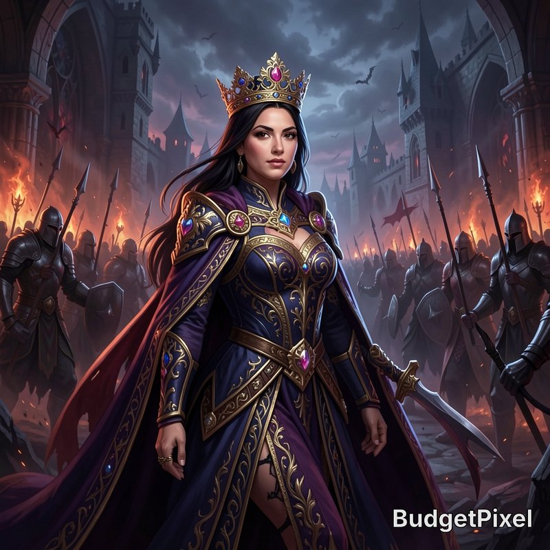Regal fantasy warrior queen with a jeweled crown leads armored medieval troops before a burning g...