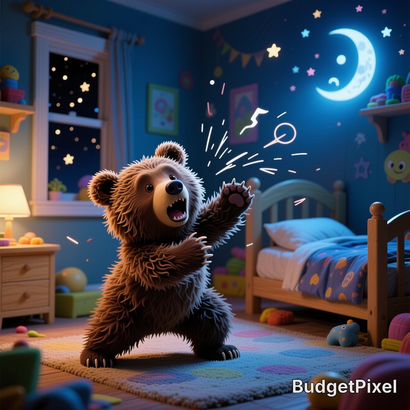 Fluffy 3D cartoon brown bear playing with magic sparkles in a cozy night-time children's bedroom