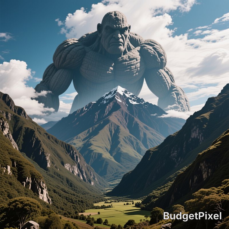 Massive stone colossus looms behind a snow-capped mountain overlooking a lush green alpine valley...