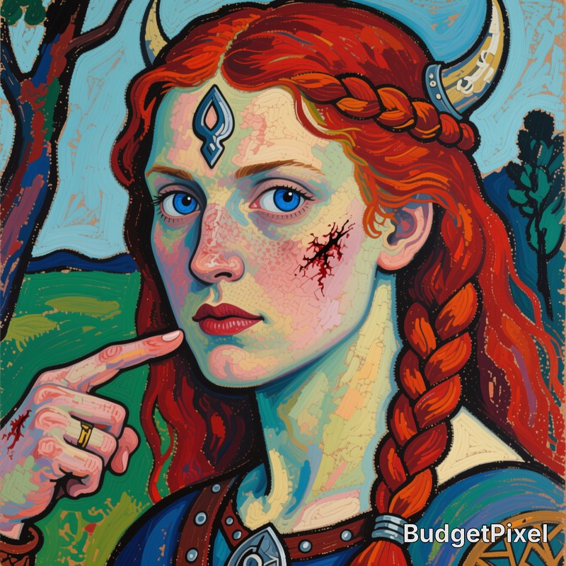 Stylized painted portrait of a red-haired viking warrior woman with horned headpiece, facial scar...