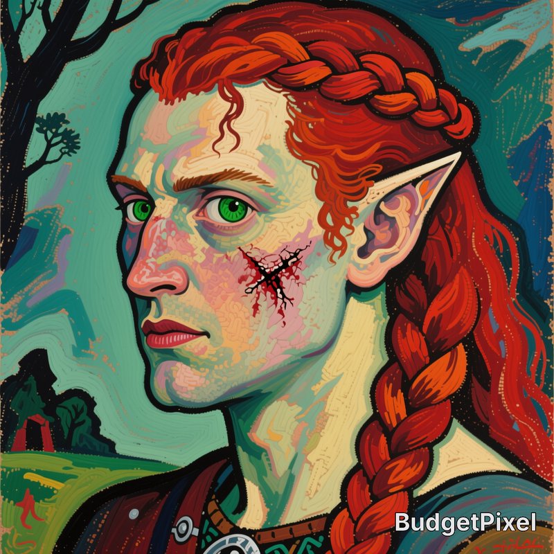 Stylized post-impressionist portrait of a scarred braided red-haired elf with bright green eyes i...