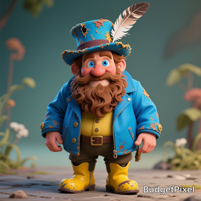 3D stylized render of a cheerful bearded dwarf in a tattered feathered blue top hat, standing in ...
