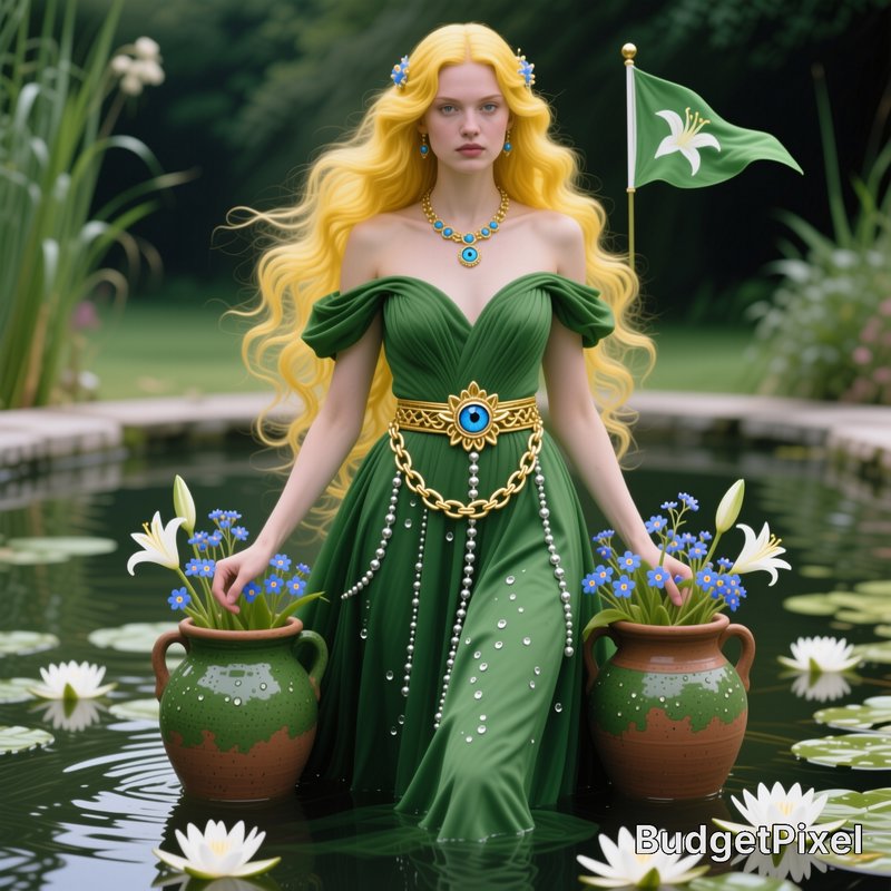Ethereal fantasy water goddess with long wavy golden hair in green gown stands in a lily pond bet...