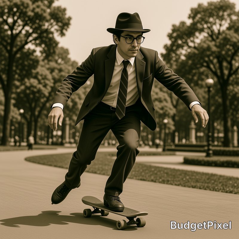 Sepia toned image of a suited businessman in a fedora riding a skateboard along a paved park path.