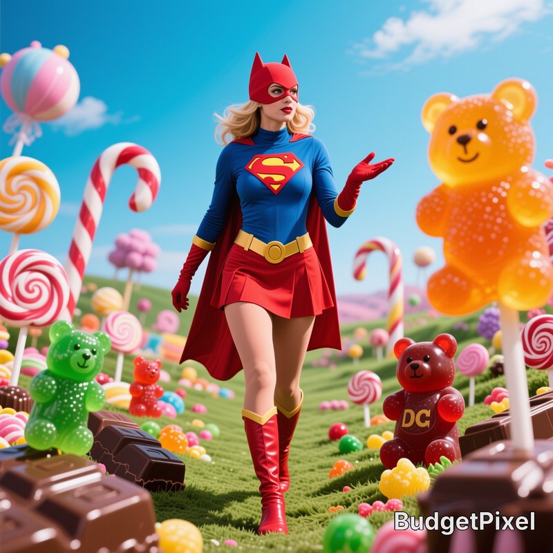 Superheroine in Supergirl costume gestures while walking through a whimsical giant candy land ful...