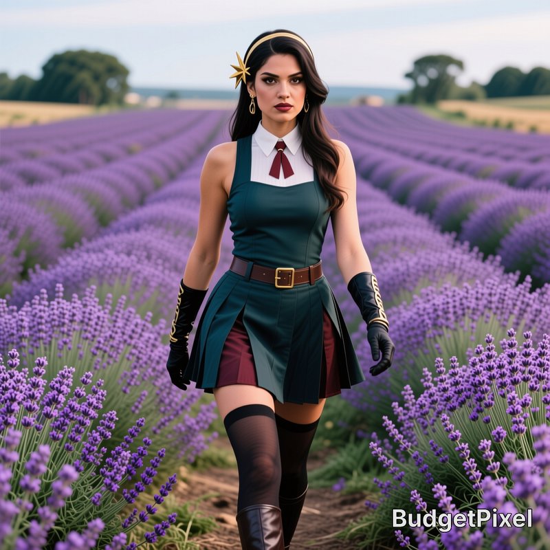 Female cosplayer in fantasy academy uniform walks along a dirt path through sunlit blooming laven...