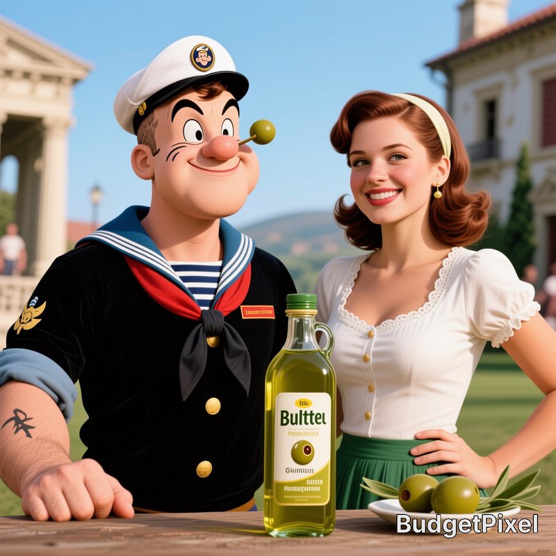3D rendered Popeye and Olive Oyl pose with olive oil and fresh olives in a sunny Mediterranean es...