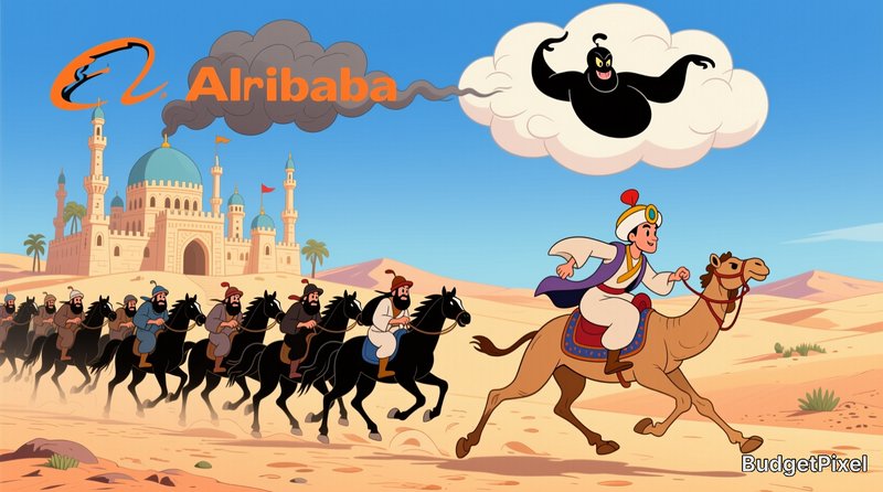 Satirical cartoon of Alibaba riding a camel fleeing horseback thieves across an Arabian desert wi...