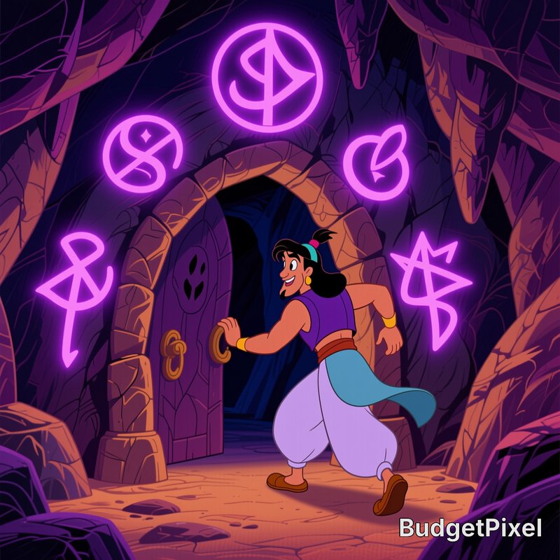 Cartoon Aladdin opens a stone cave door, surrounded by floating glowing purple magical runes in a...