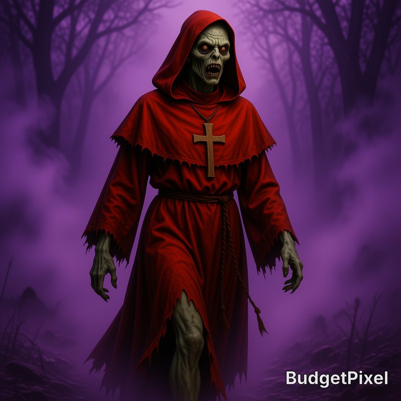Menacing undead hooded priest in a tattered red robe with cross stands in a foggy purple haunted ...