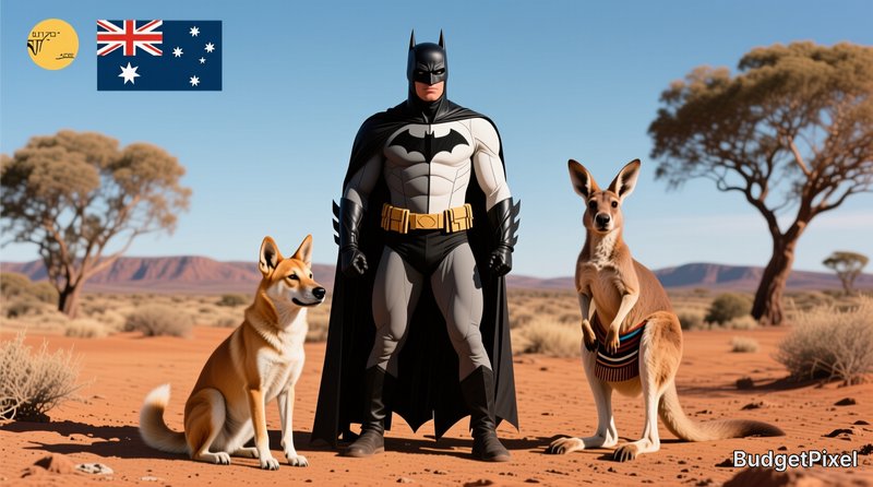 Batman stands between a dingo and kangaroo in the red Australian outback, with the Australian fla...