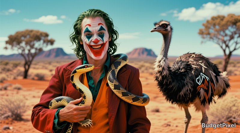 Grinning Joker clown character holds a large python while standing beside an ostrich in a sunny r...