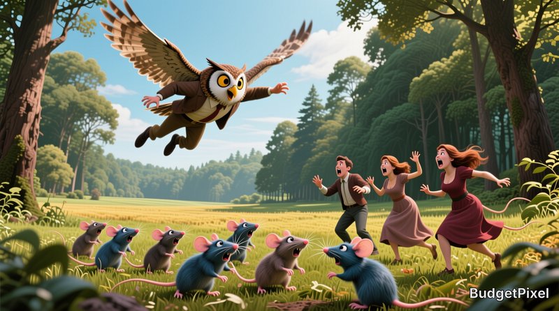 Surreal 3D cartoon of a suited owl-human hybrid flying toward shocked people and mice in a sunny ...
