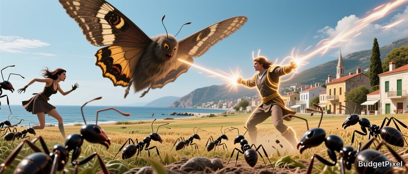 Fantasy battle scene: wizard casts magic at giant moth monster, woman flees swarming giant ants b...