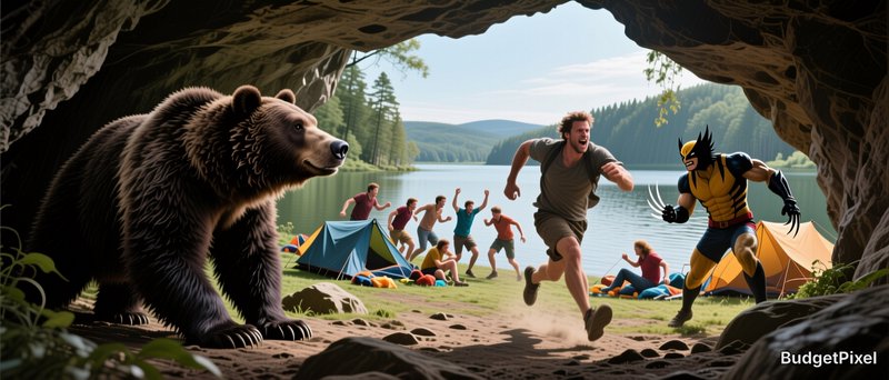 Surreal campsite scene: grizzly bear exits a cave as a panicked camper runs, with Wolverine near ...