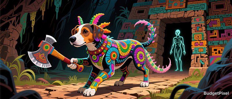 Colorful alebrije warrior dog holding a battle axe stands before an ancient Mesoamerican temple w...