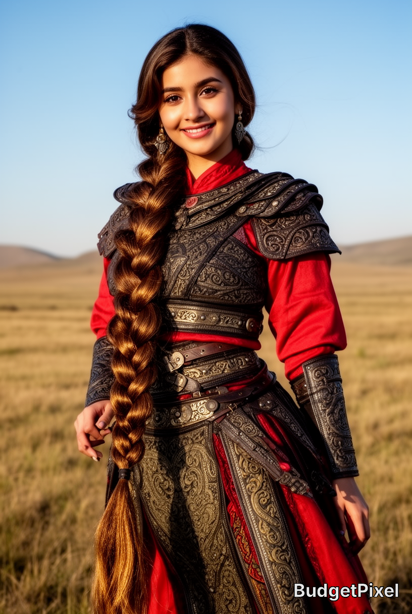 Young woman in ornate medieval-inspired armor with a long braided hair in a red tunic, standing in a grassy field.