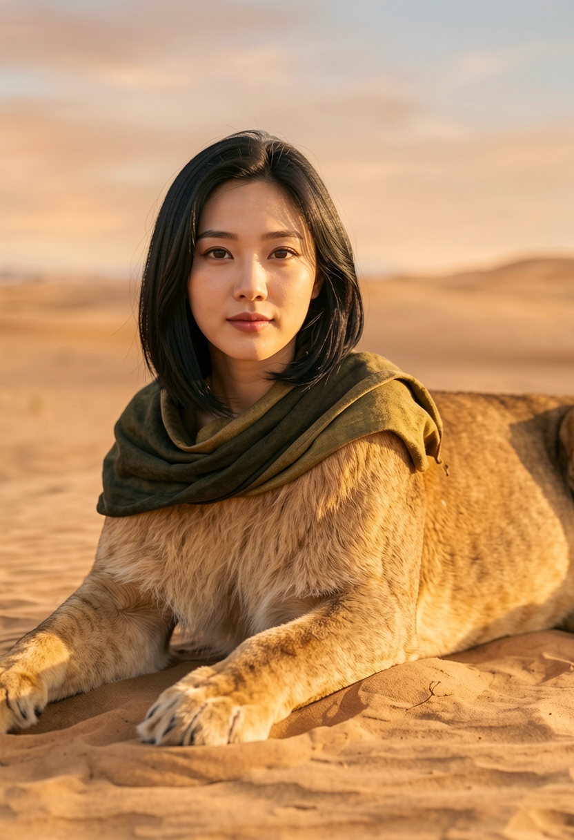 Woman lying beside a desert lion in warm sand dunes during golden hour
