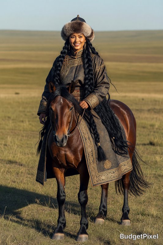Woman in traditional fur hat and robe riding a brown horse across a grassy steppe.