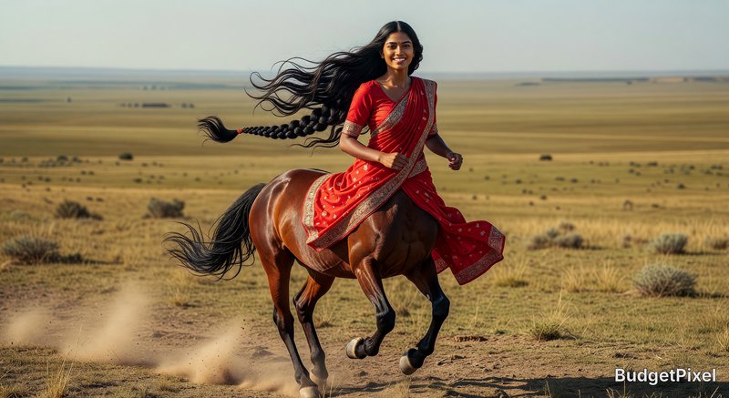 Young woman in a red saree rides a galloping horse across a vast grassy plain.
