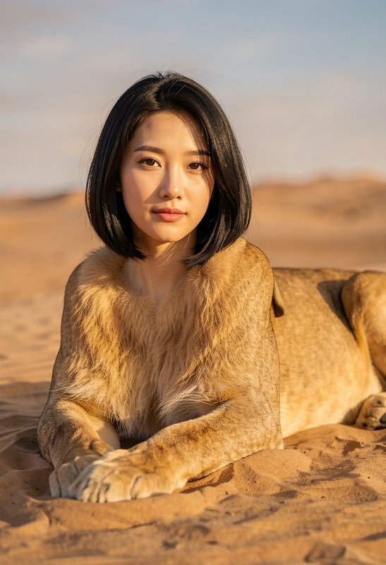 Young woman with a bob haircut lying in a sandy desert beside a golden lioness.