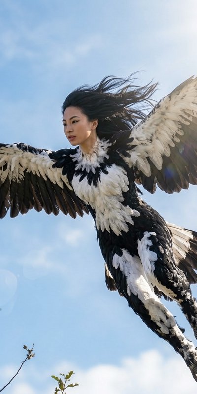 Woman in a dramatic black-and-white feathered winged costume soaring against a blue sky.