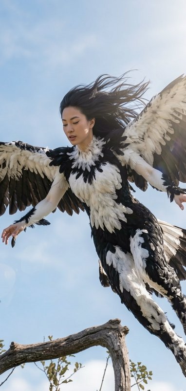 Woman in dramatic black-and-white feathered wing suit leaping mid-air against blue sky.