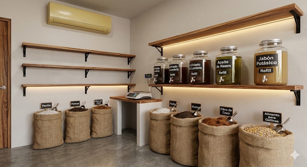 Pantry-style store with burlap sacks of grains and large glass jars on wooden shelves.