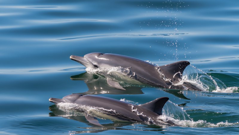 Two sleek grey bottlenose dolphins swim side-by-side, breaking the surface of calm bright blue ocean water with small