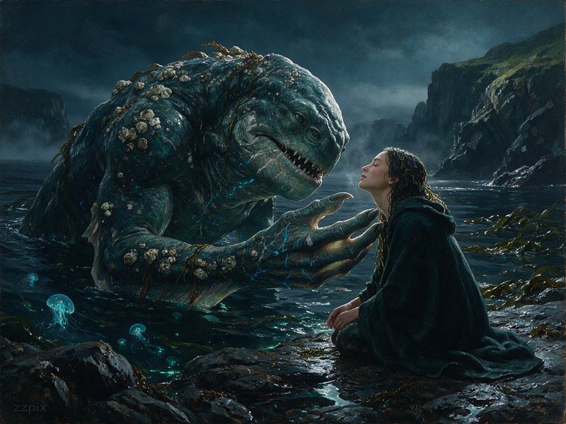 Gentle giant sea leviathan reaches toward a robed woman seated on a misty rocky coast at dusk