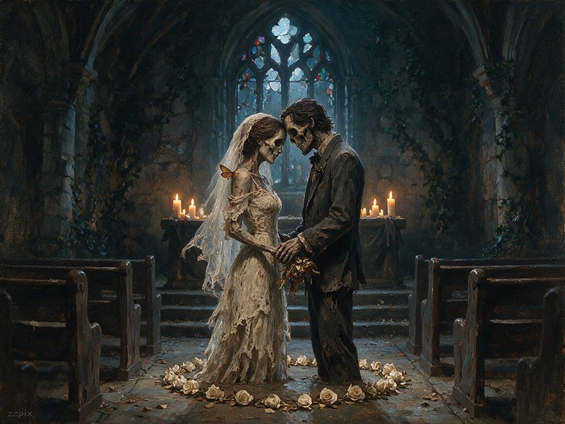 Skeleton bride and groom stand forehead to forehead holding hands in a crumbling candlelit gothic...