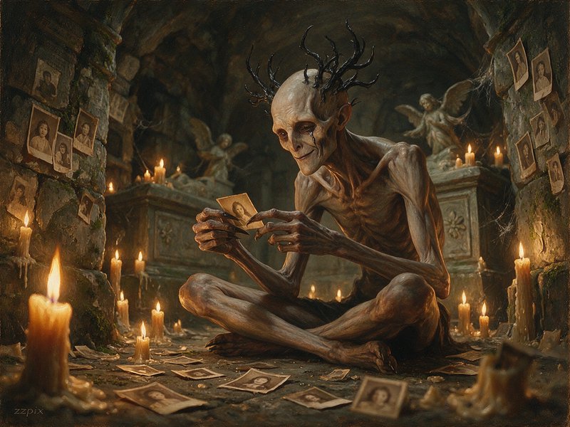 Gaunt horned humanoid weeps while examining an old portrait in a candlelit stone crypt