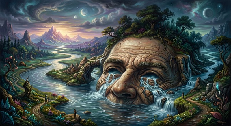 Surreal fantasy landscape featuring a colossal stone face as an island with trees on its head and...