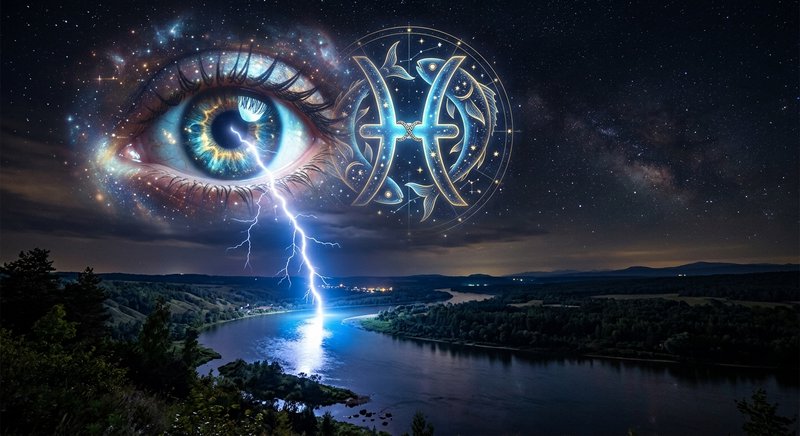 Surreal night scene with a giant illuminated eye, blue lightning striking a river and Aquarius zo...
